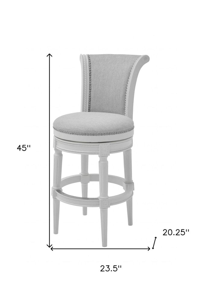 31" Light Gray And White Linen And Solid Wood Swivel Bar Chair HomeRoots