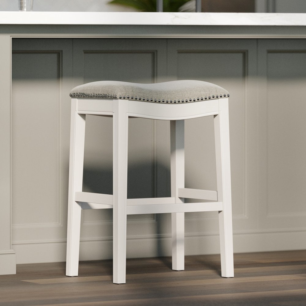 31" Light Gray And White Fabric And Solid Wood Backless Bar Height Bar Chair HomeRoots