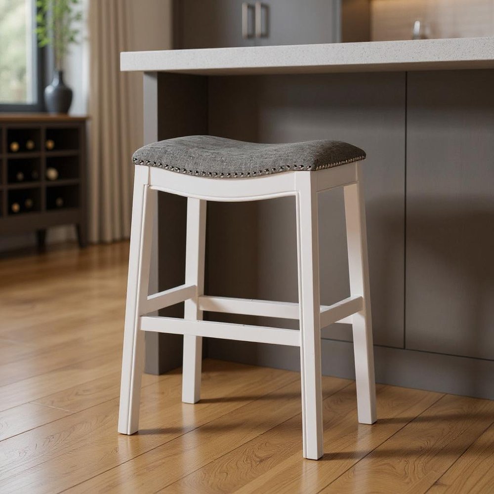 31" Light Gray And White Fabric And Solid Wood Backless Bar Height Bar Chair HomeRoots