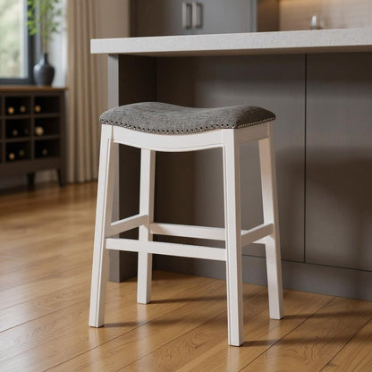 31" Light Gray And White Fabric And Solid Wood Backless Bar Height Bar Chair HomeRoots