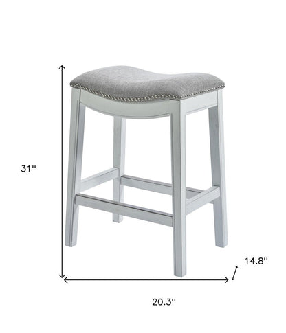 31" Light Gray And White Fabric And Solid Wood Backless Bar Height Bar Chair HomeRoots