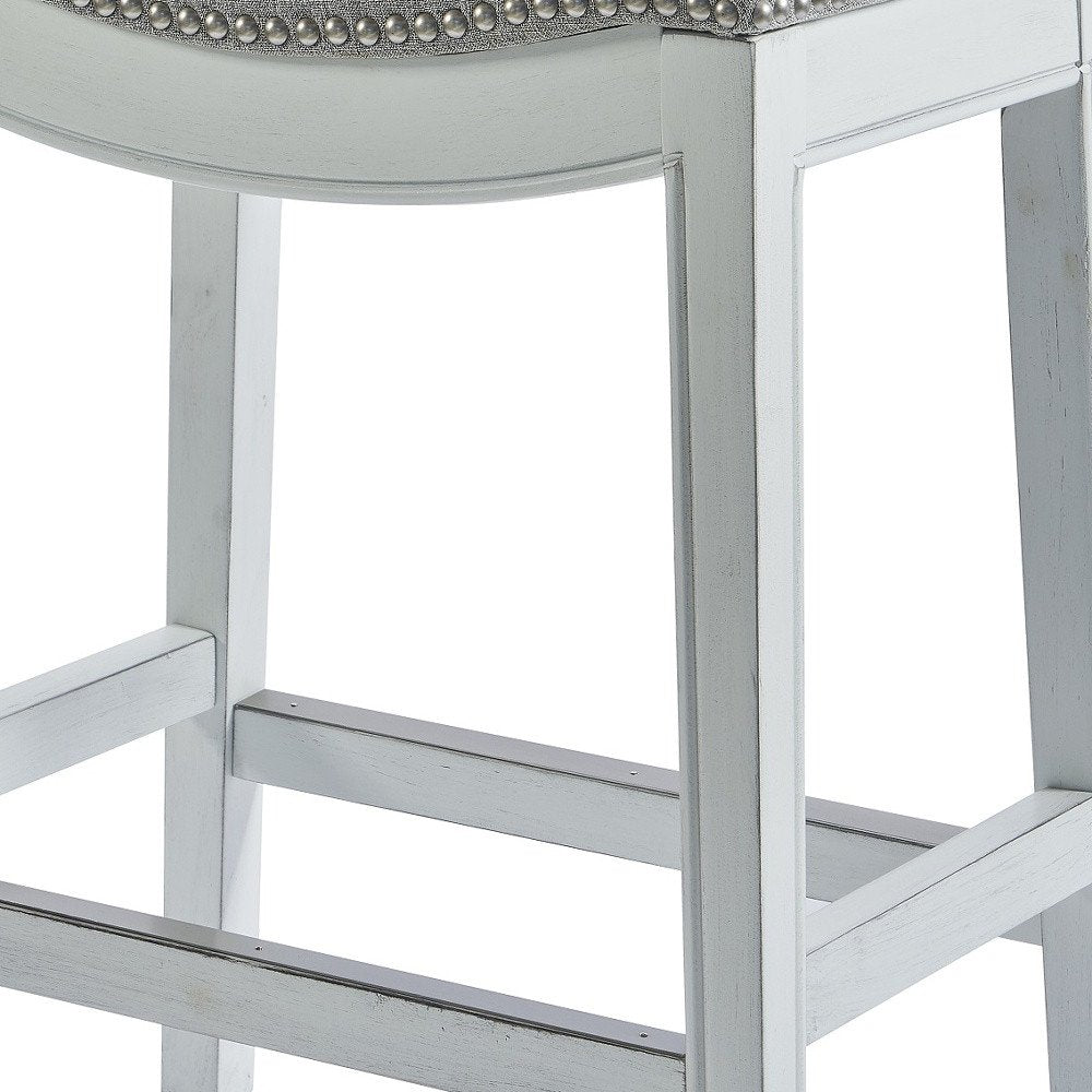 31" Light Gray And White Fabric And Solid Wood Backless Bar Height Bar Chair HomeRoots