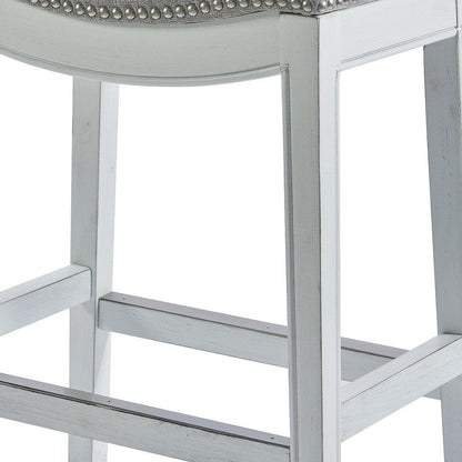 31" Light Gray And White Fabric And Solid Wood Backless Bar Height Bar Chair HomeRoots