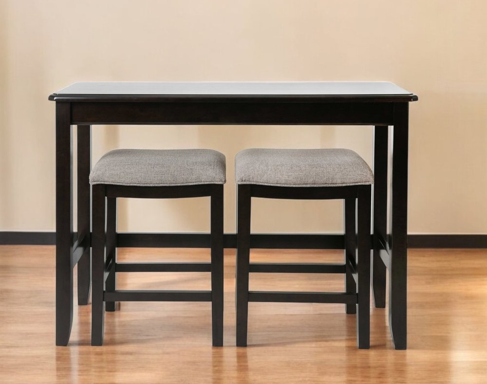 Set of Two 27" Light Gray and Dark Brown Solid Wood Backless Bar Chairs with Table HomeRoots