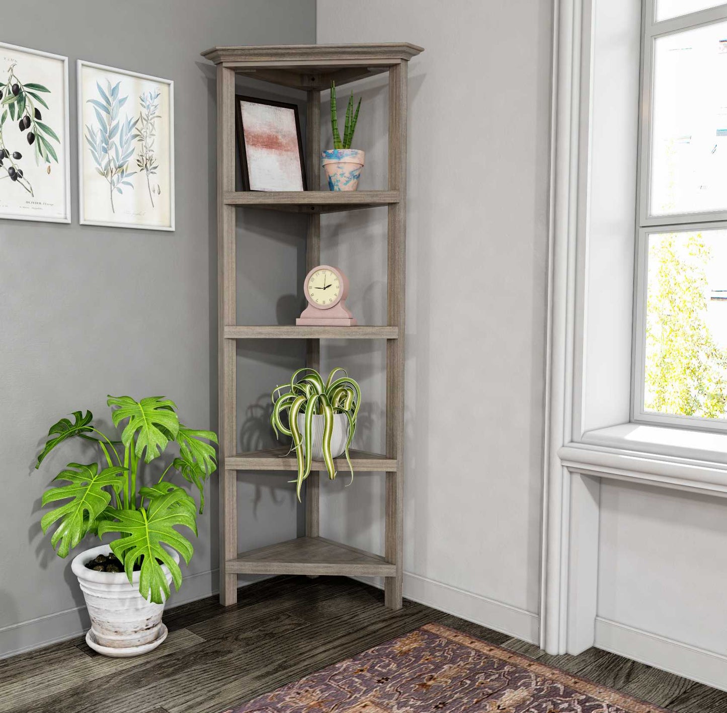 60" Washed Grey Solid Wood Corner Bookcase