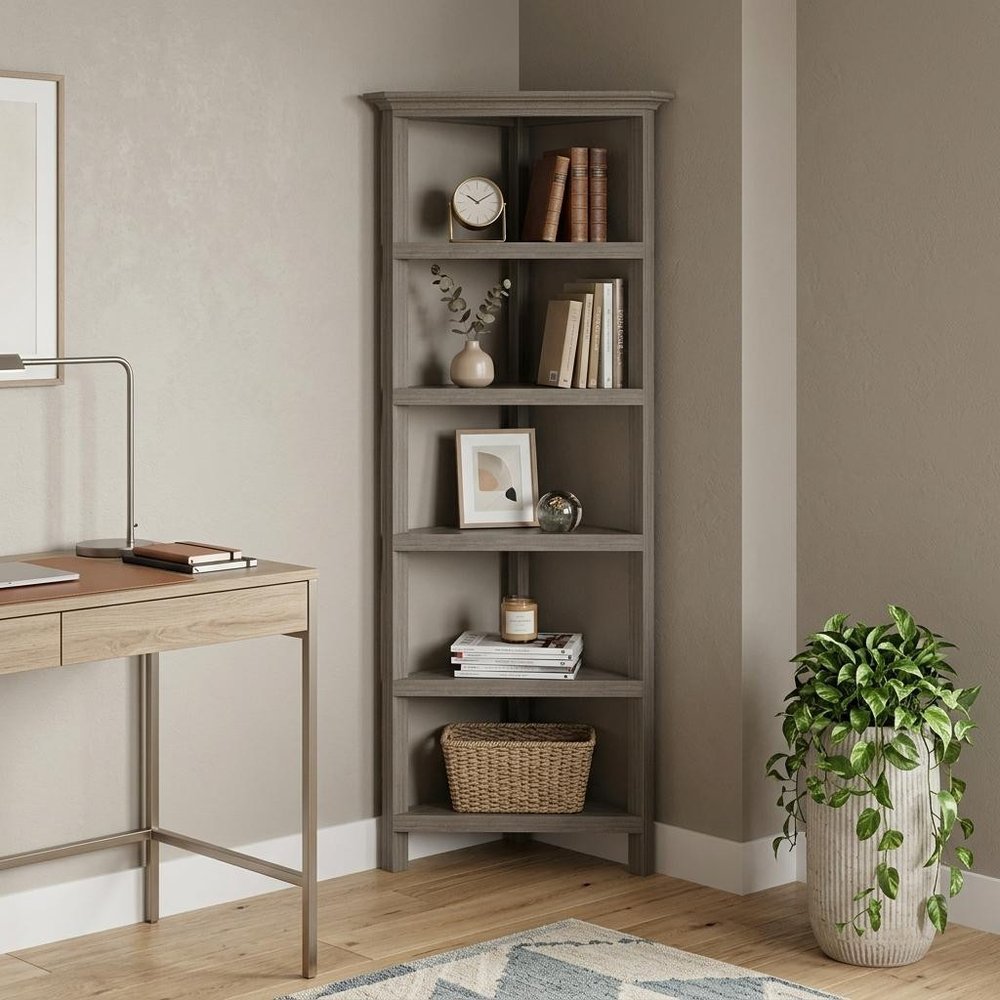 Gray Solid Wood Corner Bookcase HomeRoots