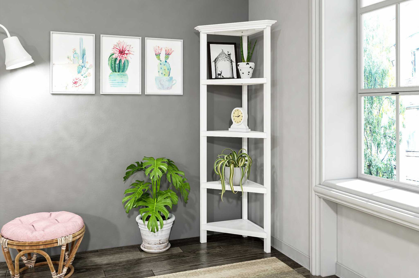 60" White Solid Wood Corner Bookcase