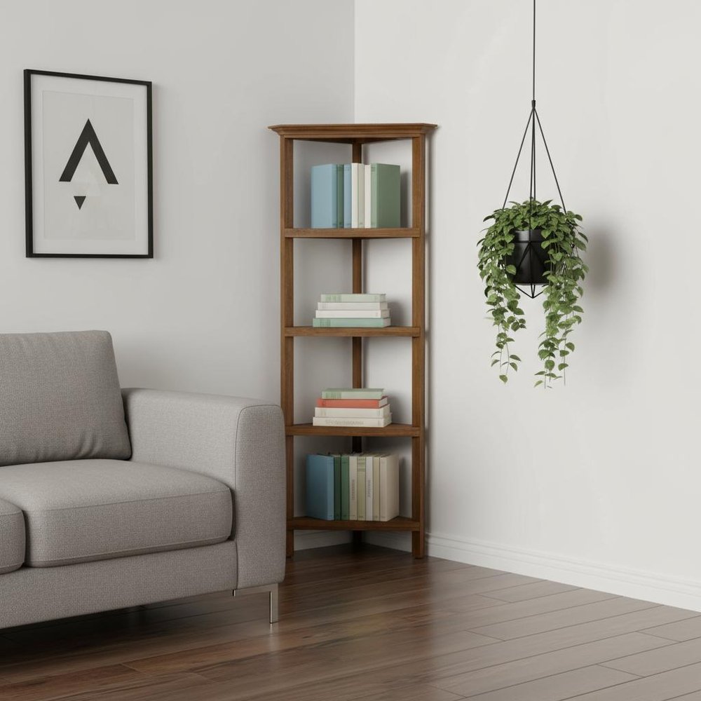60" Walnut Solid Wood Four Tier Corner Bookcase — view 7