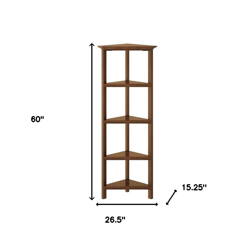 60" Walnut Solid Wood Four Tier Corner Bookcase HomeRoots