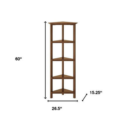 60" Walnut Solid Wood Four Tier Corner Bookcase HomeRoots