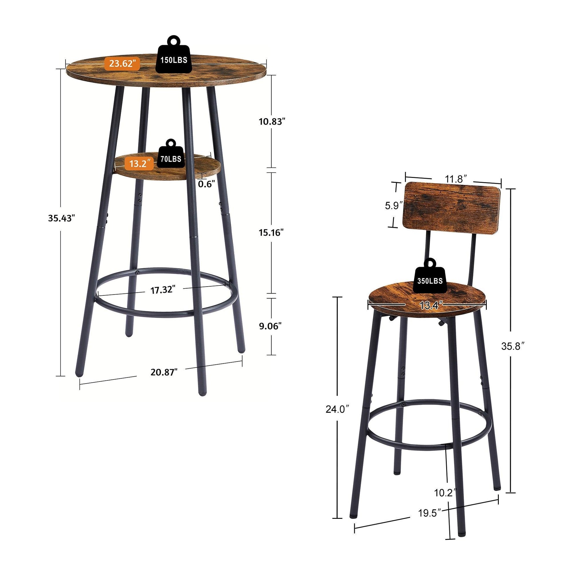 Round bar stool set with shelves stool with backrest Rustic Brown 23.6'' Dia x 35.4'' H - FurniFindUSA