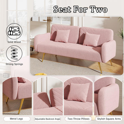 70.47" Pink Fabric Double Sofa with Split Backrest and Two Throw Pillows - FurniFindUSA