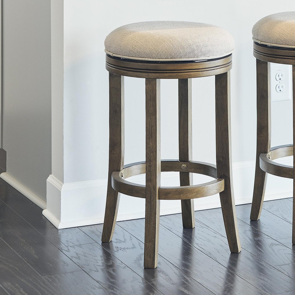25" Cream And Brown Fabric And Solid Wood Backless Counter Height Swivel Bar Chair HomeRoots