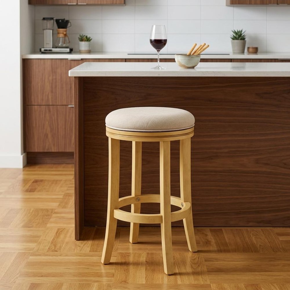 25" Cream And Brown Fabric And Solid Wood Backless Counter Height Swivel Bar Chair HomeRoots