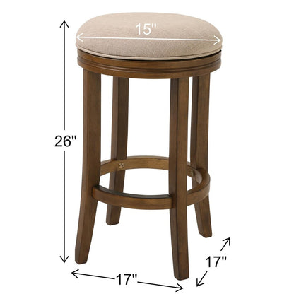 25" Cream And Brown Fabric And Solid Wood Backless Counter Height Swivel Bar Chair HomeRoots