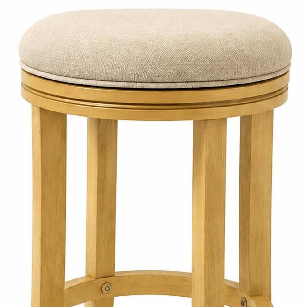 25" Cream And Brown Fabric And Solid Wood Backless Counter Height Swivel Bar Chair — view 7