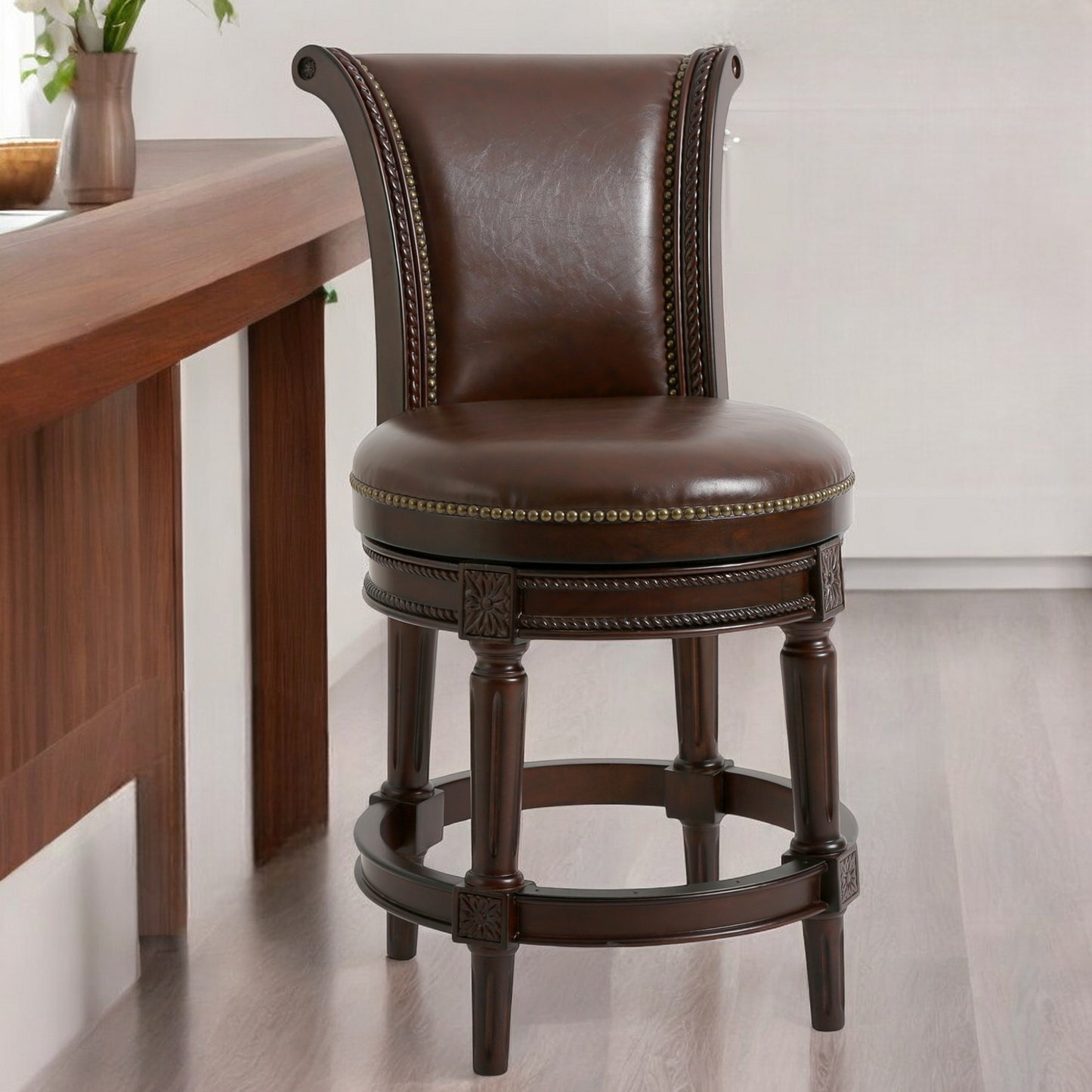 25" Dark Brown Faux Leather and Solid Wood Counter Height Swivel Bar Chair