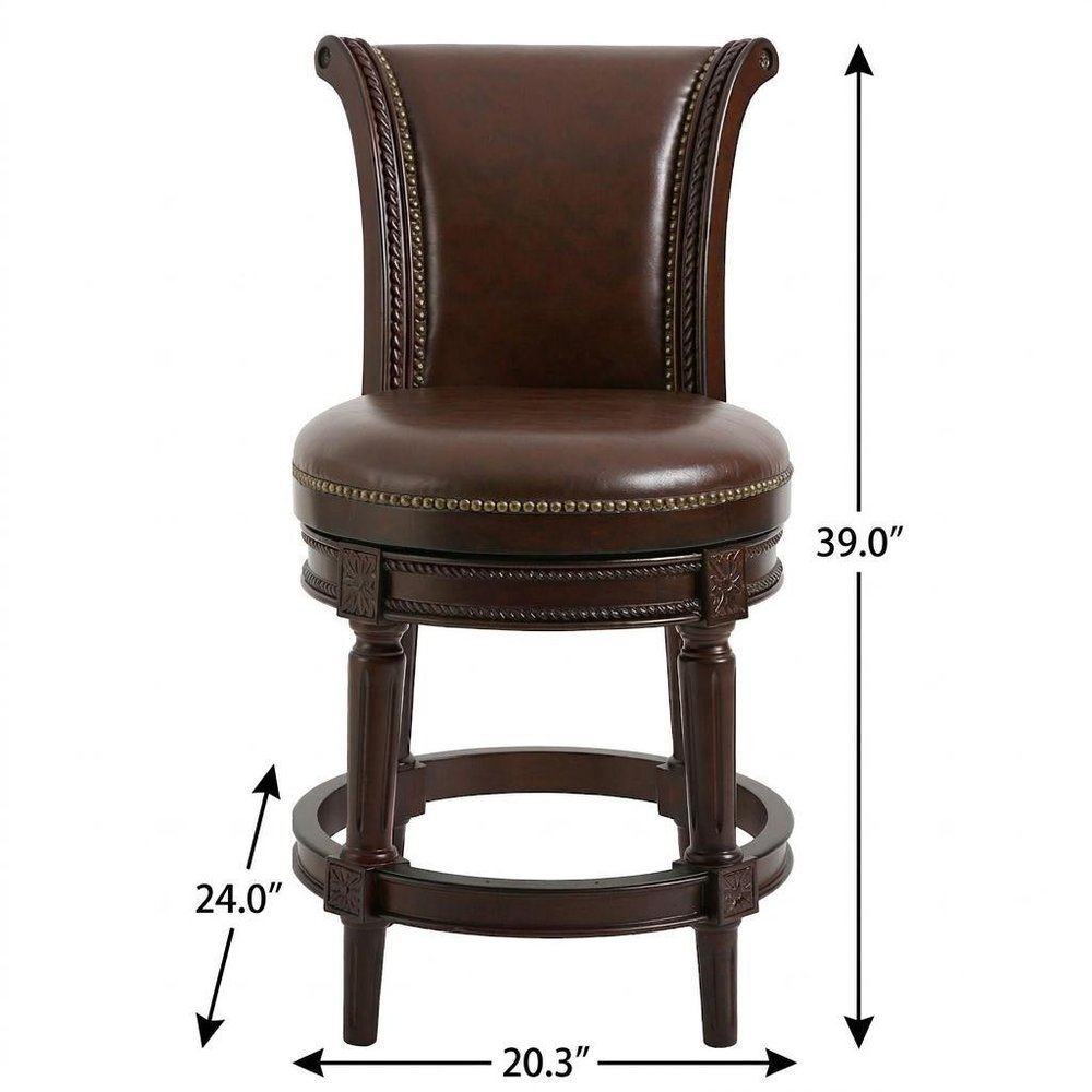 25" Dark Brown Faux Leather And Solid Wood Counter Height Swivel Bar Chair