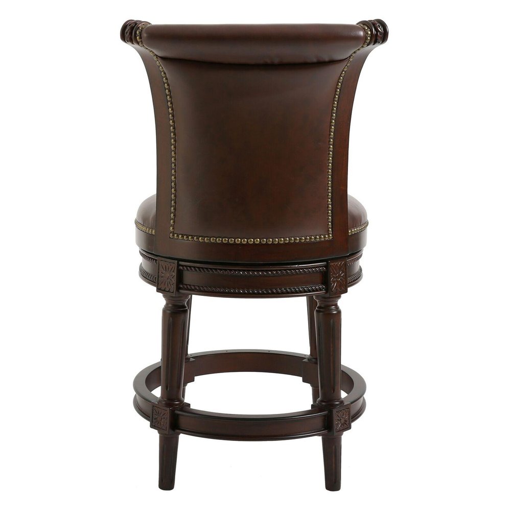 25" Dark Brown Faux Leather And Solid Wood Counter Height Swivel Bar Chair