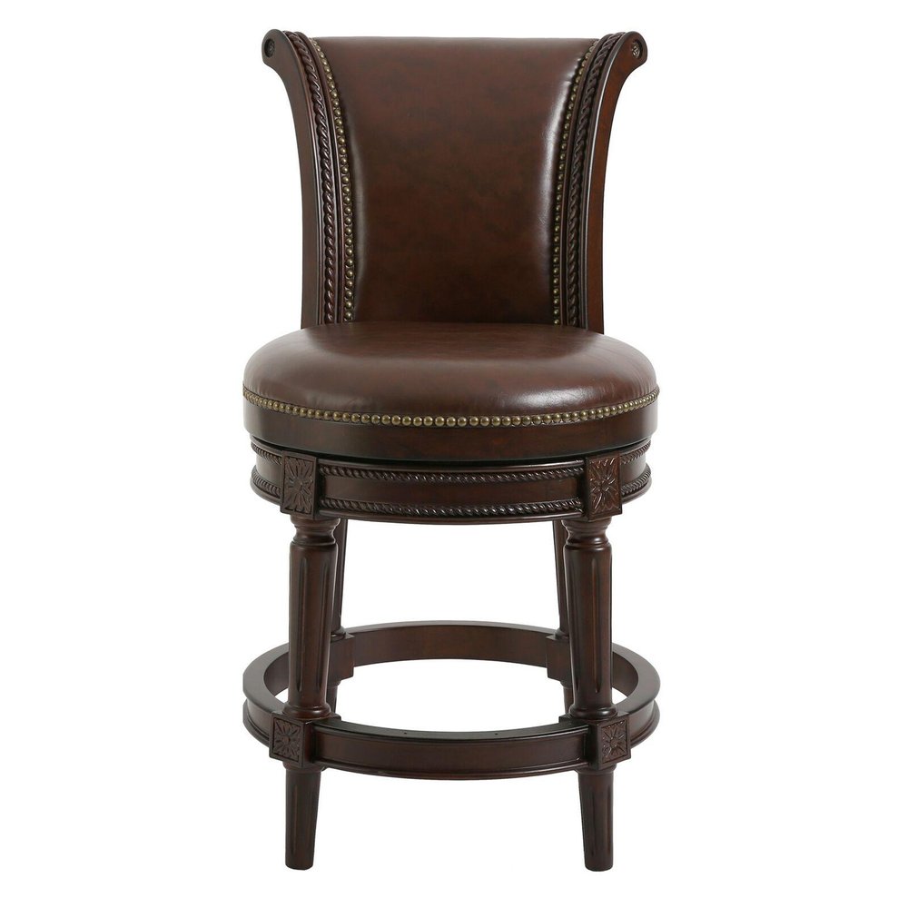 25" Dark Brown Faux Leather And Solid Wood Counter Height Swivel Bar Chair — view 4