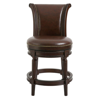 25" Dark Brown Faux Leather And Solid Wood Counter Height Swivel Bar Chair