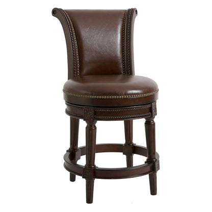 25" Dark Brown Faux Leather And Solid Wood Counter Height Swivel Bar Chair