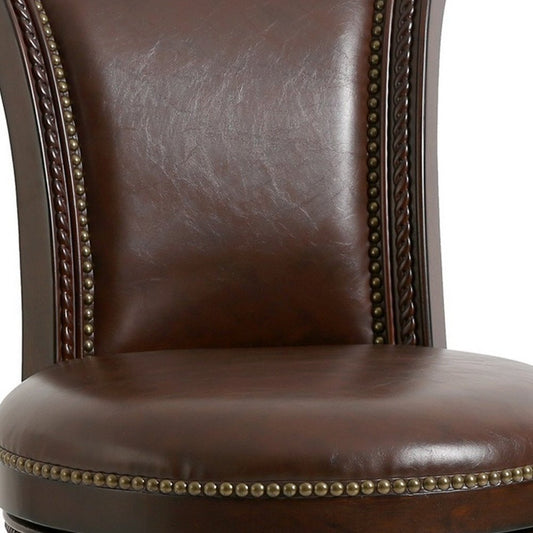 25" Dark Brown Faux Leather And Solid Wood Counter Height Swivel Bar Chair HomeRoots
