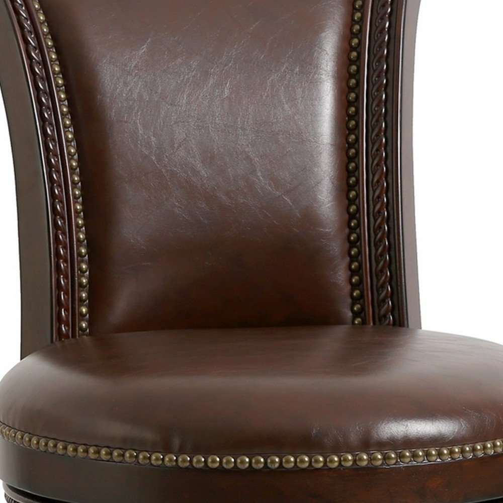 25" Dark Brown Faux Leather and Solid Wood Counter Height Swivel Bar Chair HomeRoots