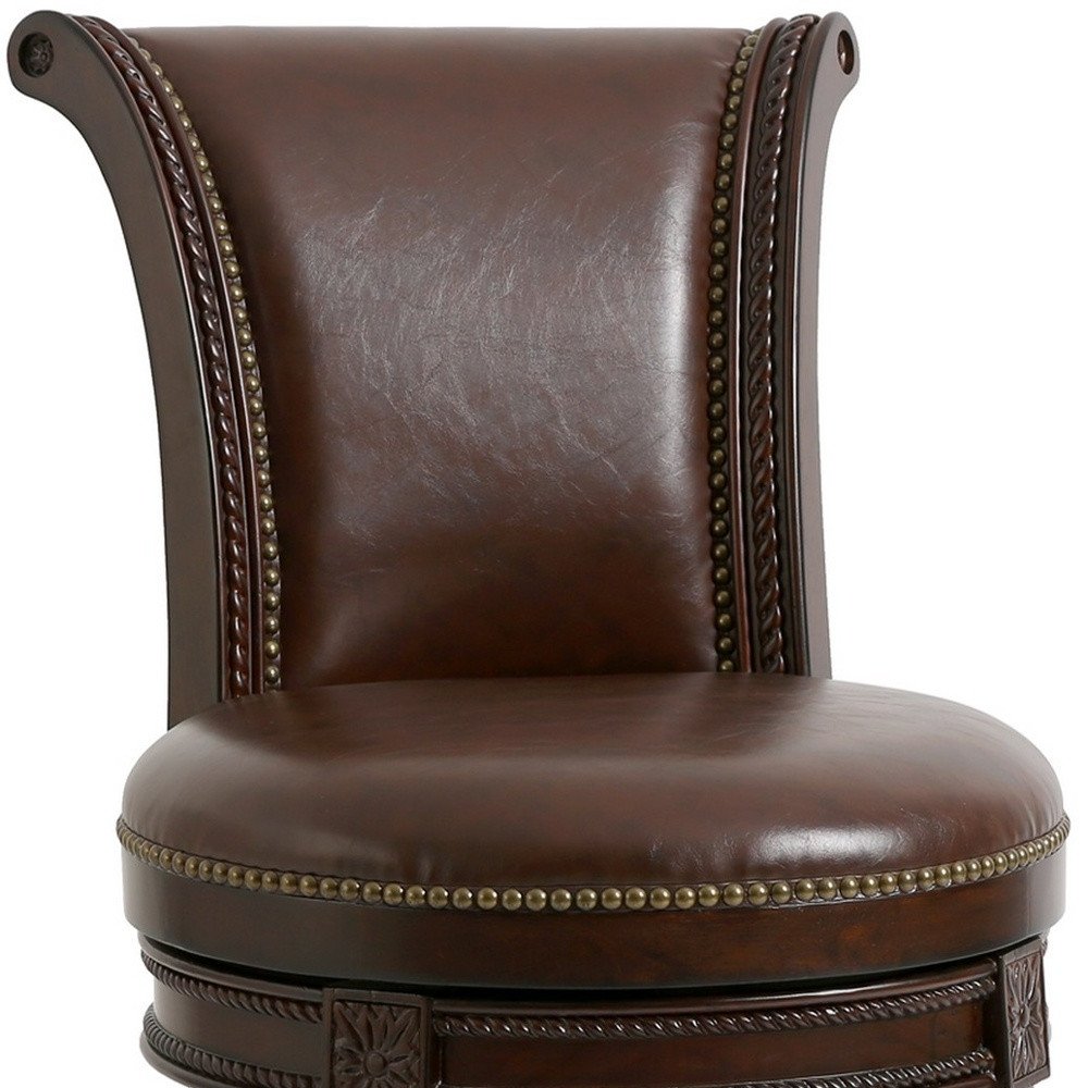 25" Dark Brown Faux Leather And Solid Wood Counter Height Swivel Bar Chair — view 2