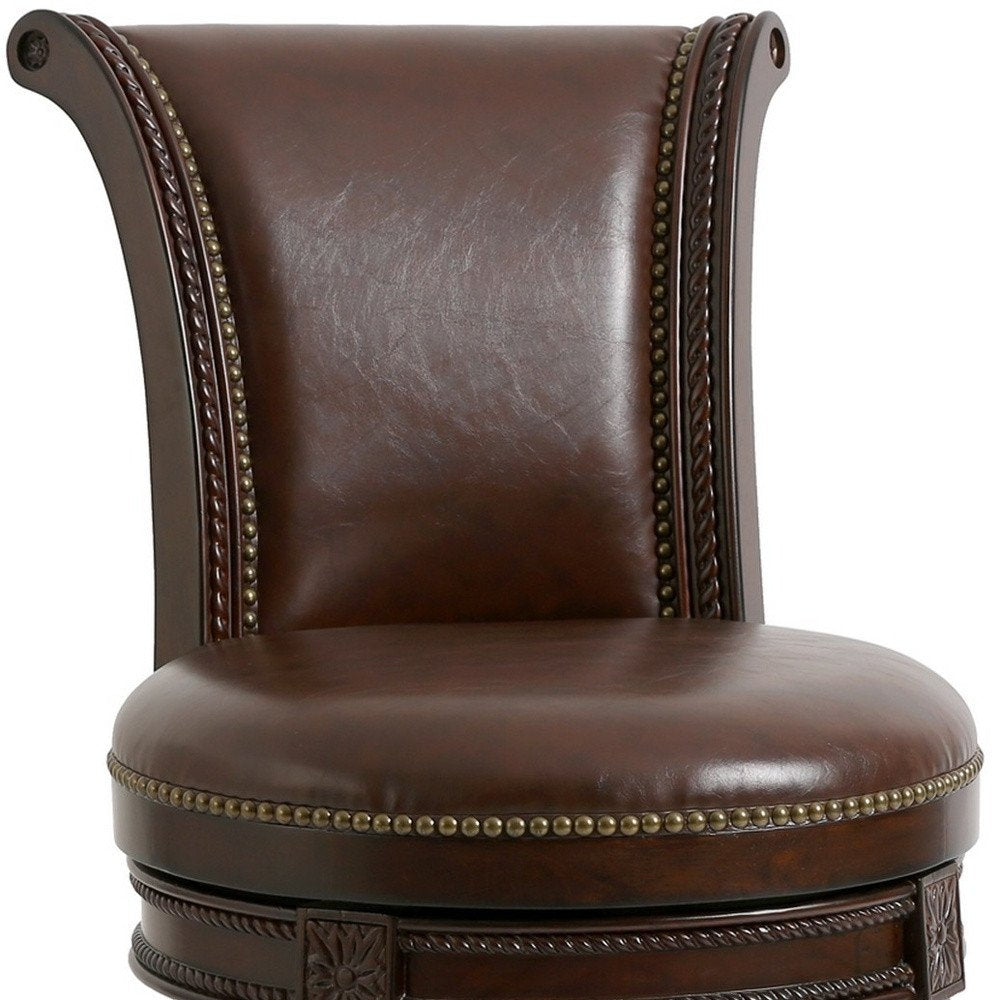 25" Dark Brown Faux Leather and Solid Wood Counter Height Swivel Bar Chair HomeRoots