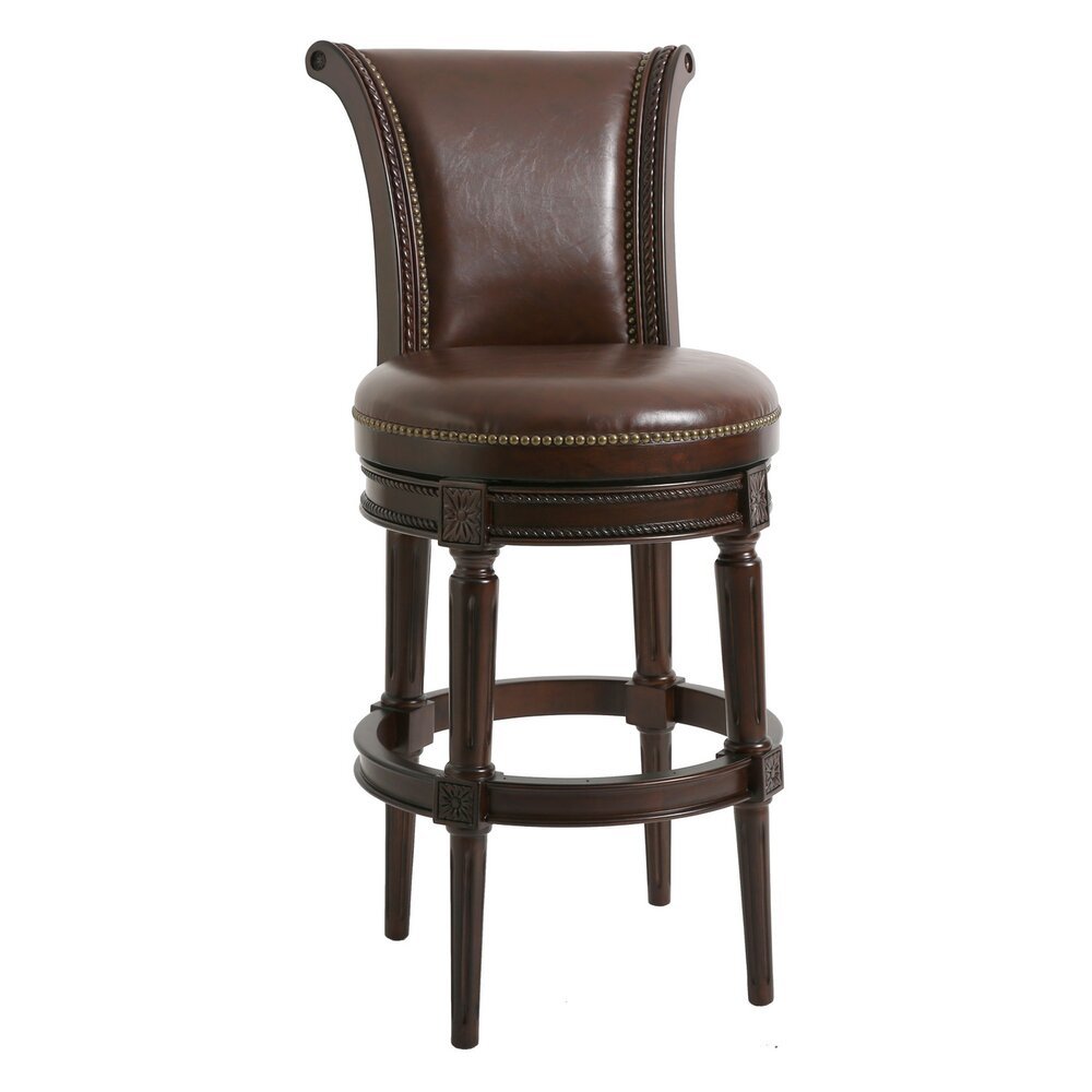 25" Walnut and Dark Brown Faux Leather and Solid Wood Bar Height Swivel Bar Chair HomeRoots