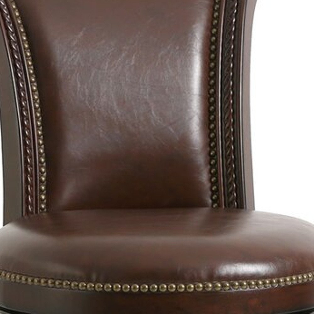 25" Walnut And Dark Brown Faux Leather And Solid Wood Bar Height Swivel Bar Chair — view 8