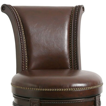 25" Walnut And Dark Brown Faux Leather And Solid Wood Bar Height Swivel Bar Chair HomeRoots