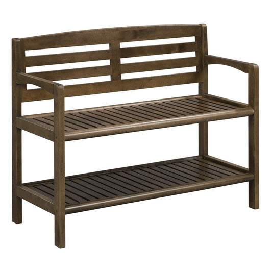 Chestnut Finish Solid Wood Slat Bench With High Back And Shelf - FurniFindUSA
