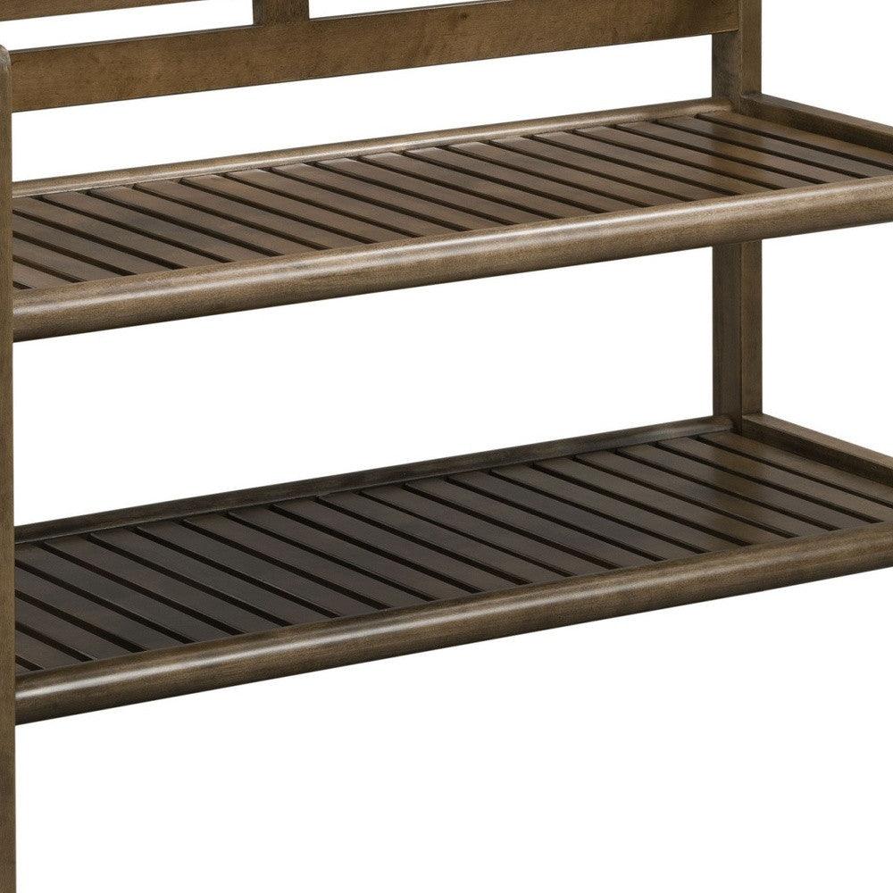 Chestnut Finish Solid Wood Slat Bench With High Back And Shelf - FurniFindUSA