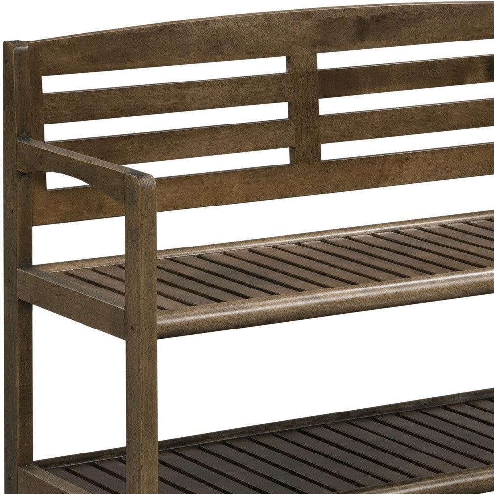 Chestnut Finish Solid Wood Slat Bench With High Back And Shelf - FurniFindUSA