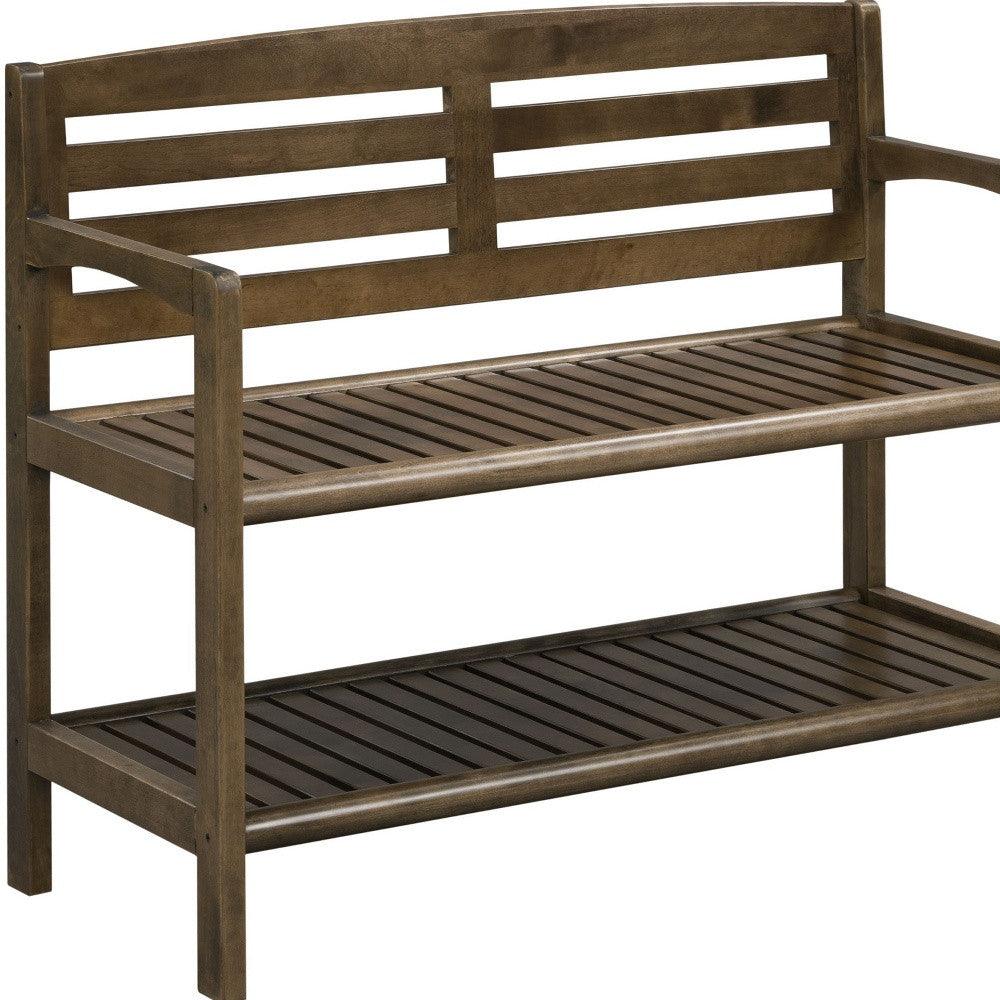 Chestnut Finish Solid Wood Slat Bench With High Back And Shelf - FurniFindUSA