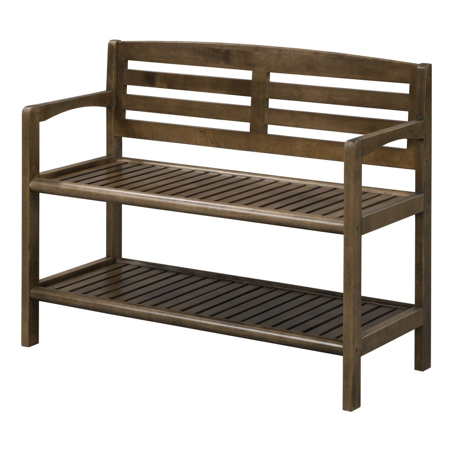 Chestnut Finish Solid Wood Slat Bench With High Back And Shelf - FurniFindUSA