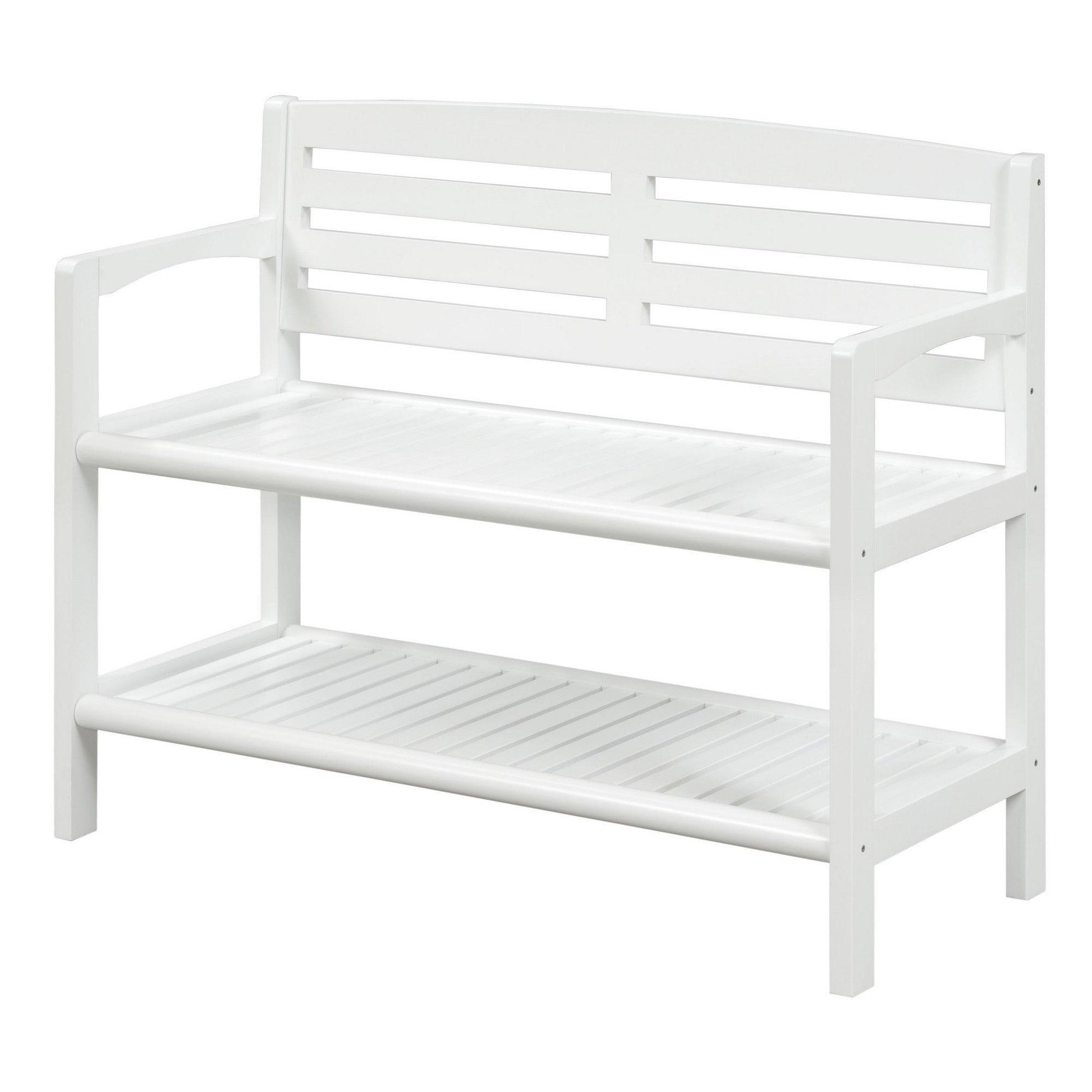 White Finish Solid Wood Slat Bench With High Back And Shelf - FurniFindUSA