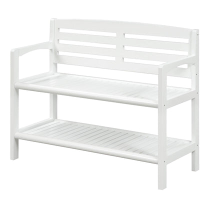 White Finish Solid Wood Slat Bench With High Back And Shelf - FurniFindUSA