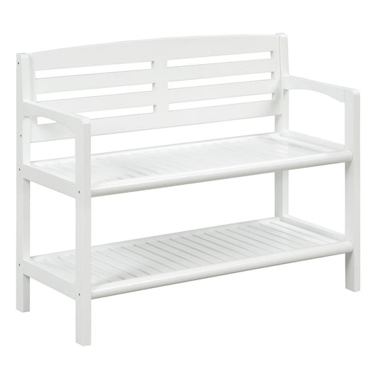 White Finish Solid Wood Slat Bench With High Back And Shelf - FurniFindUSA