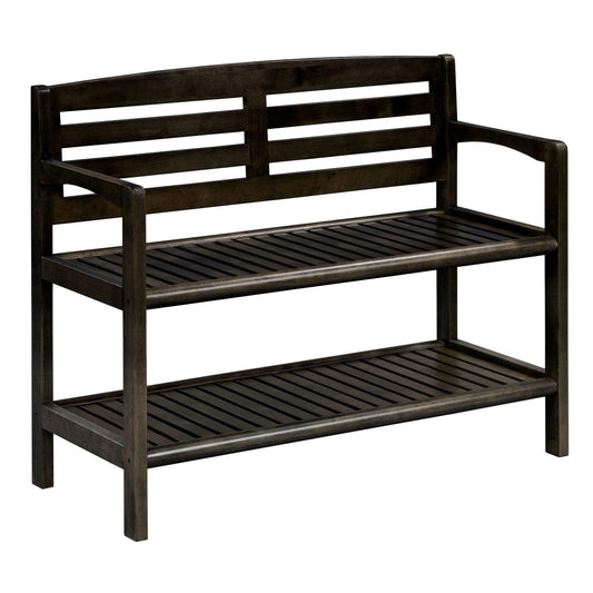 Espresso Finish Solid Wood Slat Bench With High Back And Shelf - FurniFindUSA