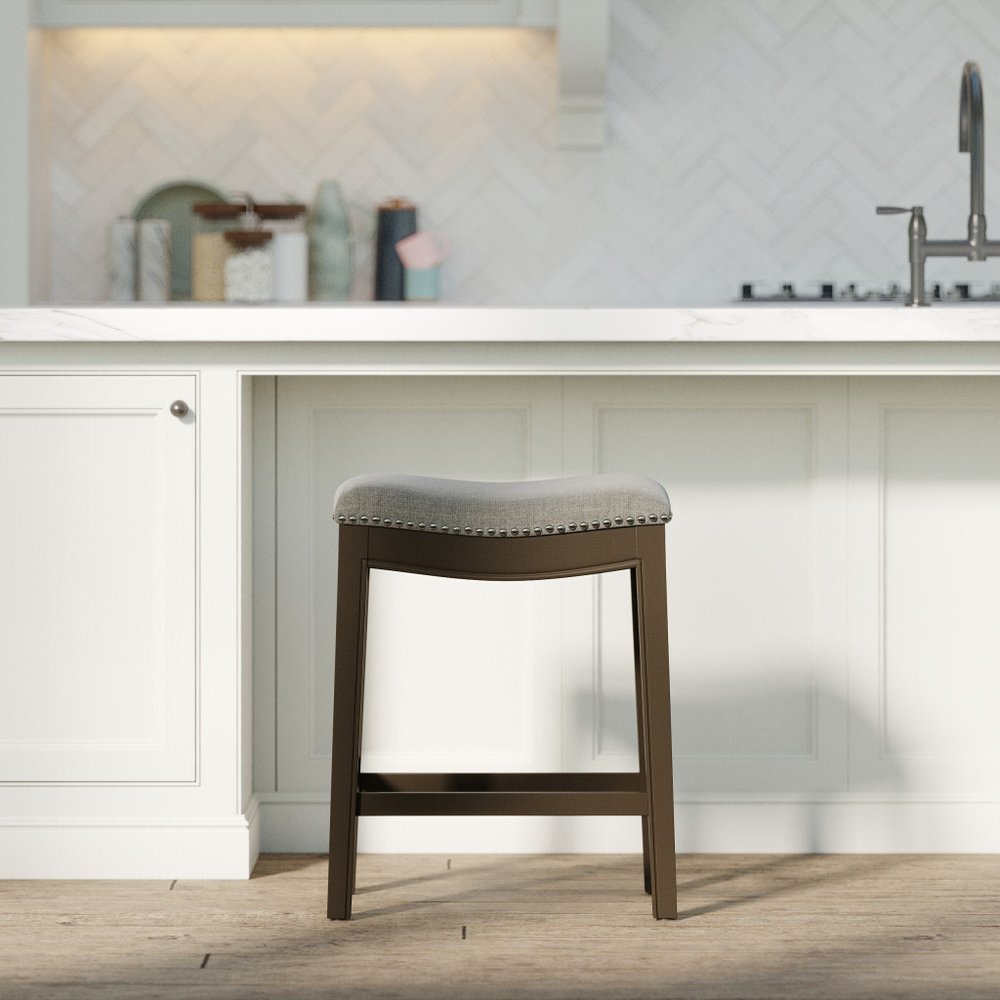 26" Gray And Brown Fabric And Linen And Solid Wood Backless Counter Height Bar Chair HomeRoots