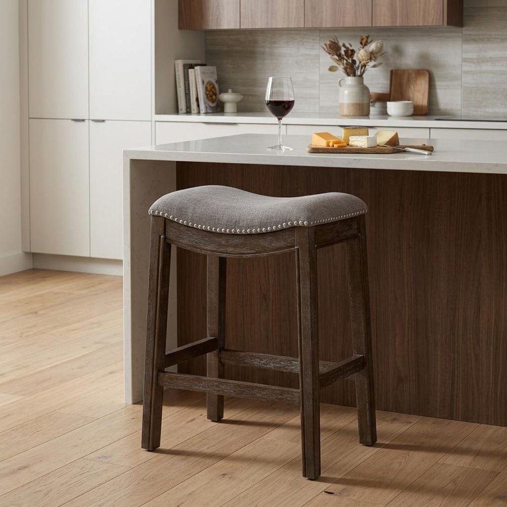 26" Gray And Brown Fabric And Linen And Solid Wood Backless Counter Height Bar Chair HomeRoots