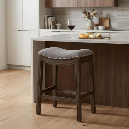26" Gray And Brown Fabric And Linen And Solid Wood Backless Counter Height Bar Chair HomeRoots