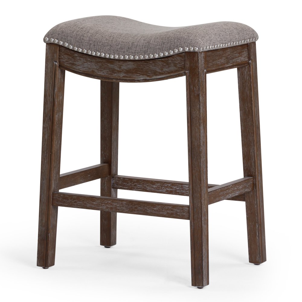 26" Gray And Brown Fabric And Linen And Solid Wood Backless Counter Height Bar Chair HomeRoots