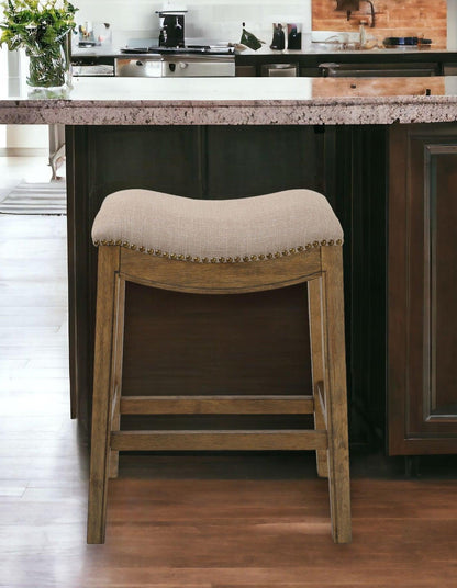 26" Cream And Wood Brown Backless Counter Height Bar Chair - FurniFindUSA
