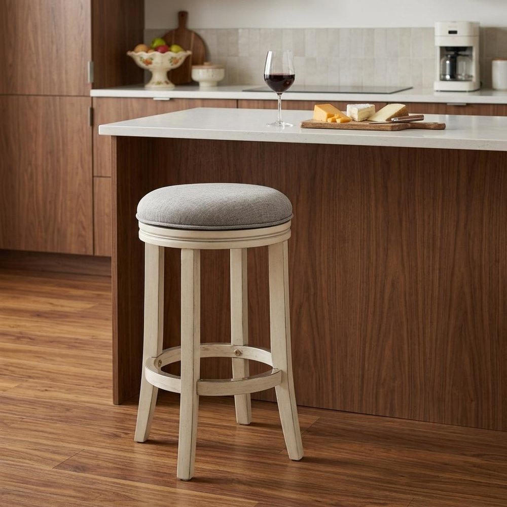 25" Gray And Ivory Fabric And Linen And Solid Wood Backless Counter Height Swivel Bar Chair HomeRoots