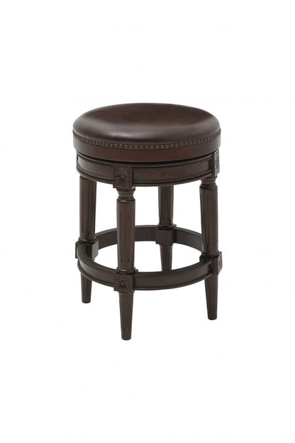 26" Dark Brown And Brown Faux Leather And Wood Backless Counter Height Swivel Bar Chair HomeRoots
