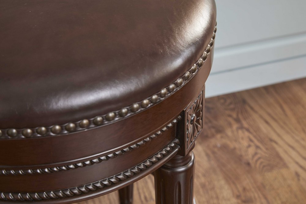 26" Dark Brown And Brown Faux Leather And Wood Backless Counter Height Swivel Bar Chair HomeRoots
